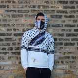 Pali Keffiyeh Half Hoodie - White-Hoodie-Description This hoodie is one of a kind and a signature Pali-Mart piece. The iconic keffiyeh (also spelled kufiya) pattern is beautifully displayed in this piece with the front and back each showcasing different aspects of the pattern. The band moving across the hoodie is also true to the keffiyeh design with the added bonus of "Palestine" being repeated in Arabic. You won't find this anywhere else. Get yours now before we sell out again! Quality This ho