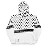 Pali Keffiyeh Half Hoodie - White-Hoodie-Description This hoodie is one of a kind and a signature Pali-Mart piece. The iconic keffiyeh (also spelled kufiya) pattern is beautifully displayed in this piece with the front and back each showcasing different aspects of the pattern. The band moving across the hoodie is also true to the keffiyeh design with the added bonus of "Palestine" being repeated in Arabic. You won't find this anywhere else. Get yours now before we sell out again! Quality This ho