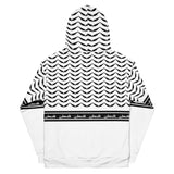 Pali Keffiyeh Half Hoodie - White-Hoodie-Description This hoodie is one of a kind and a signature Pali-Mart piece. The iconic keffiyeh (also spelled kufiya) pattern is beautifully displayed in this piece with the front and back each showcasing different aspects of the pattern. The band moving across the hoodie is also true to the keffiyeh design with the added bonus of "Palestine" being repeated in Arabic. You won't find this anywhere else. Get yours now before we sell out again! Quality This ho