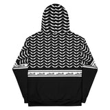 Pali Keffiyeh Half Hoodie - Black-Hoodie-Description This hoodie is one of a kind and a signature Pali-Mart piece. The iconic keffiyeh (also spelled kufiya) pattern is beautifully displayed in this piece with the front and back each showcasing different aspects of the pattern. The band moving across the hoodie is also true to the keffiyeh design with the added bonus of "Palestine" being repeated in Arabic. You won't find this anywhere else. Get yours now before we sell out again! Quality This ho
