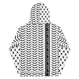 Full Pali Keffiyeh Hoodie - White-Hoodie-Description The iconic keffiyeh (also spelled kufiya) pattern is everywhere throughout this hoodie with the front and back each showcasing different aspects of the pattern. The band moving vertically along the hoodie is also true to the kufiya design with the added bonus of "Palestine" being repeated in Arabic. You won't find this anywhere else. Get yours now! Quality This hoodie defines comfort with soft outside and an even softer brushed fleece inside.