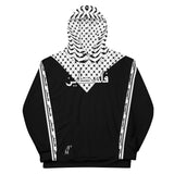 Pali Power Hoodie - Black/White Keffiyeh-Hoodie-Description Across the chest is "Palestine" in Arabic with the iconic keffiyeh (also spelled kufiya) pattern displayed uniquely in the background. The band moving down the arms is also true to the keffiyeh design with the added bonus of "Palestine" being repeated in Arabic. This is the one. You won't find this anywhere else. Get yours now! Quality This hoodie defines comfort with soft outside and an even softer brushed fleece inside. You have to to