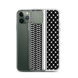 Keffiyeh iPhone Case-Phone Case-Description Express Palestine through the iconic keffiyeh (also spelled kufiya) pattern and protect your phone from scratches, dust, oil, and dirt with this unique case. It has a solid back and flexible sides that make it easy to take on and off, with precisely aligned port openings. Details • BPA free Hybrid Thermoplastic Polyurethane (TPU) and Polycarbonate (PC) material• Solid polycarbonate back• Flexible, see-through polyurethane sides• .5 mm raised bezel• Wir