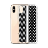 Keffiyeh iPhone Case-Phone Case-Description Express Palestine through the iconic keffiyeh (also spelled kufiya) pattern and protect your phone from scratches, dust, oil, and dirt with this unique case. It has a solid back and flexible sides that make it easy to take on and off, with precisely aligned port openings. Details • BPA free Hybrid Thermoplastic Polyurethane (TPU) and Polycarbonate (PC) material• Solid polycarbonate back• Flexible, see-through polyurethane sides• .5 mm raised bezel• Wir