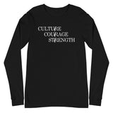 Culture Courage Strength Long Sleeve Tee-Long Sleeve Tee-Description There are many words used to describe Palestinians, but none more powerful than Culture, Courage, and Strength. Represent what Palestinians embrace with this tee! Quality You have to put this shirt on to believe the Premium quality. This shirt feels supremely soft and comfortable. Pair it with your favorite jeans, and layer it with a button-up shirt, a zip-up hoodie, or a jacket for a range of looks while keeping warm. Features