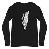 Falastine Keffiyeh Country Map Long Sleeve Tee-Long Sleeve Tee-Description Enjoy this comfortable tee with style showing off that famous keffiyeh (also spelled kufiya) pattern inside the country map. The Arabic text translates to "Falastine" or "Palestine" in English. Quality You have to put this shirt on to believe the Premium quality. This shirt feels supremely soft and comfortable. Pair it with your favorite jeans, and layer it with a button-up shirt, a zip-up hoodie, or a jacket for a range