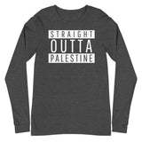 Straight Outta Palestine Long Sleeve Tee-Long Sleeve Tee-Description We're here! Let them know where you from with this iconic tee! Quality You have to put this shirt on to believe the Premium quality. This shirt feels supremely soft and comfortable. Pair it with your favorite jeans, and layer it with a button-up shirt, a zip-up hoodie, or a jacket for a range of looks while keeping warm. Features • 100% combed and ring-spun cotton• Retail fit• Crew neck cover-stitched collar• 2'' ribbed cuffs•
