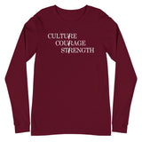 Culture Courage Strength Long Sleeve Tee-Long Sleeve Tee-Description There are many words used to describe Palestinians, but none more powerful than Culture, Courage, and Strength. Represent what Palestinians embrace with this tee! Quality You have to put this shirt on to believe the Premium quality. This shirt feels supremely soft and comfortable. Pair it with your favorite jeans, and layer it with a button-up shirt, a zip-up hoodie, or a jacket for a range of looks while keeping warm. Features