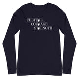 Culture Courage Strength Long Sleeve Tee-Long Sleeve Tee-Description There are many words used to describe Palestinians, but none more powerful than Culture, Courage, and Strength. Represent what Palestinians embrace with this tee! Quality You have to put this shirt on to believe the Premium quality. This shirt feels supremely soft and comfortable. Pair it with your favorite jeans, and layer it with a button-up shirt, a zip-up hoodie, or a jacket for a range of looks while keeping warm. Features