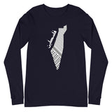 Falastine Keffiyeh Country Map Long Sleeve Tee-Long Sleeve Tee-Description Enjoy this comfortable tee with style showing off that famous keffiyeh (also spelled kufiya) pattern inside the country map. The Arabic text translates to "Falastine" or "Palestine" in English. Quality You have to put this shirt on to believe the Premium quality. This shirt feels supremely soft and comfortable. Pair it with your favorite jeans, and layer it with a button-up shirt, a zip-up hoodie, or a jacket for a range