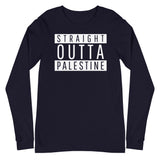 Straight Outta Palestine Long Sleeve Tee-Long Sleeve Tee-Description We're here! Let them know where you from with this iconic tee! Quality You have to put this shirt on to believe the Premium quality. This shirt feels supremely soft and comfortable. Pair it with your favorite jeans, and layer it with a button-up shirt, a zip-up hoodie, or a jacket for a range of looks while keeping warm. Features • 100% combed and ring-spun cotton• Retail fit• Crew neck cover-stitched collar• 2'' ribbed cuffs•