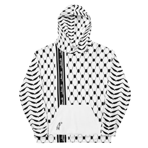 Full Pali Keffiyeh Hoodie - White-Hoodie-Description The iconic keffiyeh (also spelled kufiya) pattern is everywhere throughout this hoodie with the front and back each showcasing different aspects of the pattern. The band moving vertically along the hoodie is also true to the kufiya design with the added bonus of "Palestine" being repeated in Arabic. You won't find this anywhere else. Get yours now! Quality This hoodie defines comfort with soft outside and an even softer brushed fleece inside. 