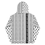 Full Pali Keffiyeh Hoodie - White-Hoodie-Description The iconic keffiyeh (also spelled kufiya) pattern is everywhere throughout this hoodie with the front and back each showcasing different aspects of the pattern. The band moving vertically along the hoodie is also true to the kufiya design with the added bonus of "Palestine" being repeated in Arabic. You won't find this anywhere else. Get yours now! Quality This hoodie defines comfort with soft outside and an even softer brushed fleece inside. 