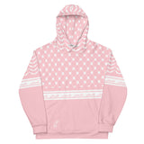 Pali Keffiyeh Half Hoodie - Pink-Hoodie-Description This hoodie is one of a kind and a signature Pali-Mart piece. The iconic keffiyeh (also spelled kufiya) pattern is beautifully displayed in this piece with the front and back each showcasing different aspects of the pattern. The band moving across the hoodie is also true to the keffiyeh design with the added bonus of "Palestine" being repeated in Arabic. You won't find this anywhere else. Get yours now before we sell out again! Quality This hoo