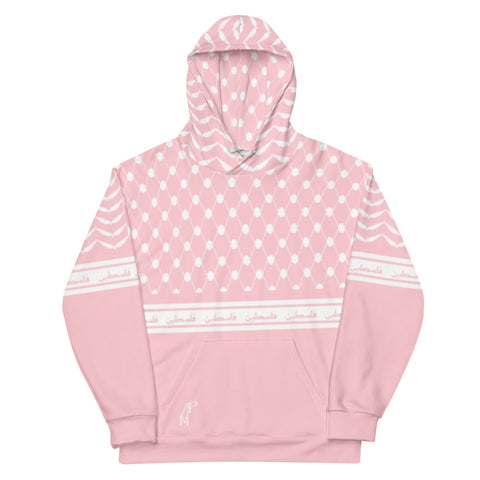 Pali Keffiyeh Half Hoodie - Pink-Hoodie-Description This hoodie is one of a kind and a signature Pali-Mart piece. The iconic keffiyeh (also spelled kufiya) pattern is beautifully displayed in this piece with the front and back each showcasing different aspects of the pattern. The band moving across the hoodie is also true to the keffiyeh design with the added bonus of "Palestine" being repeated in Arabic. You won't find this anywhere else. Get yours now before we sell out again! Quality This hoo