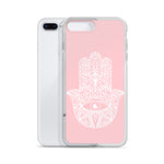 Hamsa iPhone Case - Pink-Phone Case-Description This palm-shaped symbol is called a "hamsa" and can be traced back to the Middle East many many many years ago. It's popular in many cultures now and generally thought to bring good fortune, health, and happiness by warding off the evil eye. Keep that negative energy away from you with this case! Protect your phone from scratches, dust, oil, and dirt. This case has a solid back and flexible sides that make it easy to take on and off, with precisely