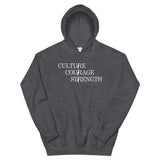 Culture Courage Strength Hoodie-Hoodie-Description There are many words used to describe Palestinians, but none more powerful than Culture, Courage, and Strength. Represent what Palestinians embrace with this tee! Quality This hoodie is extremely comfortable and warm. It's made with air-jet spun yarn for a soft feel and reduced pilling making it super cozy and the perfect choice for cooler days to curl up in or go out with. You have to try it to believe it! Features • 50% cotton, 50% polyester •