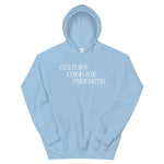 Culture Courage Strength Hoodie-Hoodie-Description There are many words used to describe Palestinians, but none more powerful than Culture, Courage, and Strength. Represent what Palestinians embrace with this tee! Quality This hoodie is extremely comfortable and warm. It's made with air-jet spun yarn for a soft feel and reduced pilling making it super cozy and the perfect choice for cooler days to curl up in or go out with. You have to try it to believe it! Features • 50% cotton, 50% polyester •