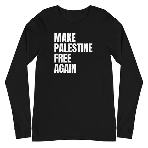 Make Palestine Free Again Long Sleeve Tee-Long Sleeve Tee-Description It's time the indigenous people of Palestine have their land and freedom back. It's time to Make Palestine Free Again! Quality You have to put this shirt on to believe the Premium quality. This shirt feels supremely soft and comfortable. Pair it with your favorite jeans, and layer it with a button-up shirt, a zip-up hoodie, or a jacket for a range of looks while keeping warm. Features • 100% combed and ring-spun cotton• Retail