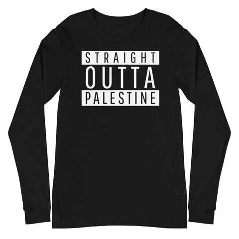 Straight Outta Palestine Long Sleeve Tee-Long Sleeve Tee-Description We're here! Let them know where you from with this iconic tee! Quality You have to put this shirt on to believe the Premium quality. This shirt feels supremely soft and comfortable. Pair it with your favorite jeans, and layer it with a button-up shirt, a zip-up hoodie, or a jacket for a range of looks while keeping warm. Features • 100% combed and ring-spun cotton• Retail fit• Crew neck cover-stitched collar• 2'' ribbed cuffs• 