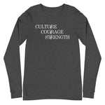 Culture Courage Strength Long Sleeve Tee-Long Sleeve Tee-Description There are many words used to describe Palestinians, but none more powerful than Culture, Courage, and Strength. Represent what Palestinians embrace with this tee! Quality You have to put this shirt on to believe the Premium quality. This shirt feels supremely soft and comfortable. Pair it with your favorite jeans, and layer it with a button-up shirt, a zip-up hoodie, or a jacket for a range of looks while keeping warm. Features