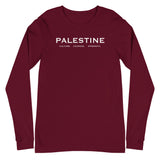 Palestine Pillars Long Sleeve Tee-Long Sleeve Tee-Description Palestine can be described and held together in 3 words. Culture. Courage. Strength. These are the words Palestinians embody and is what keep the fabric of Palestine alive and lifted up. Let people know the power of Palestinians with this tee! Quality You have to put this shirt on to believe the Premium quality. This shirt feels supremely soft and comfortable. Pair it with your favorite jeans, and layer it with a button-up shirt, a zi