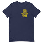 Golden Hamsa T-Shirt-T-Shirt-Description This palm-shaped symbol is called a "hamsa" and can be traced back to the Middle East many many many years ago. It's popular in many cultures now and generally thought to bring good fortune, health, and happiness by warding off the evil eye. Keep that negative energy away from you with this tee! Quality You have to put this shirt on to believe the Premium T-Shirt quality. This shirt feels supremely soft and lightweight, with the right amount of stretch. I