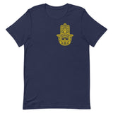 Golden Hamsa T-Shirt-T-Shirt-Description This palm-shaped symbol is called a "hamsa" and can be traced back to the Middle East many many many years ago. It's popular in many cultures now and generally thought to bring good fortune, health, and happiness by warding off the evil eye. Keep that negative energy away from you with this tee! Quality You have to put this shirt on to believe the Premium T-Shirt quality. This shirt feels supremely soft and lightweight, with the right amount of stretch. I